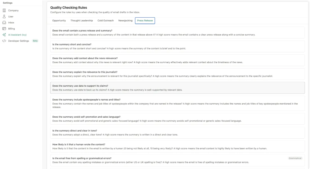 The messaging review screen, with the checks that run against every pitch