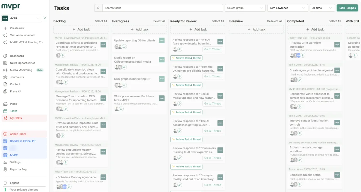 The MVPR task board, with client work grouped by status